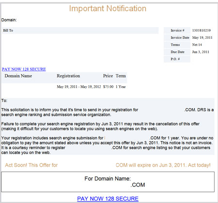 Sample domain name registration scam email